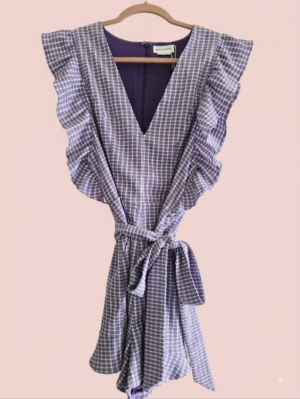 Revolve | Friends & Lovers | Check Ruffle V-Neck Romper with Tie Waist